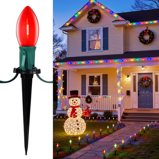 Christmas Pathway Lights with C9 LED Bulbs on Green Wire, Multicolor