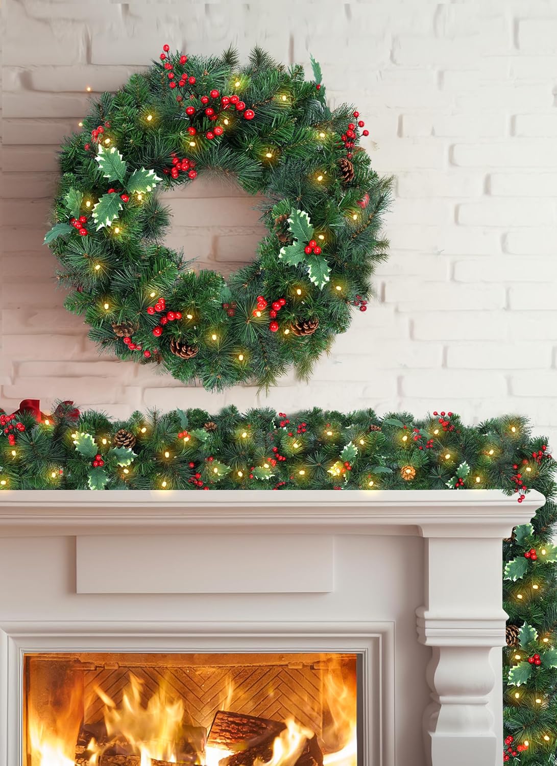 Pre-lit Christmas Garland with Lights, 9Ft 100LED Lighted Garland with 8 Light Modes & Timer