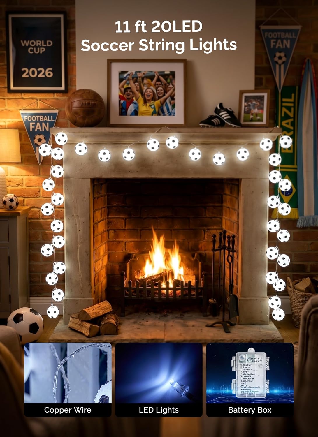 11Ft Battery Operated 20 LED Soccer Ball String Lights for Sports Fans, 8 Modes, White