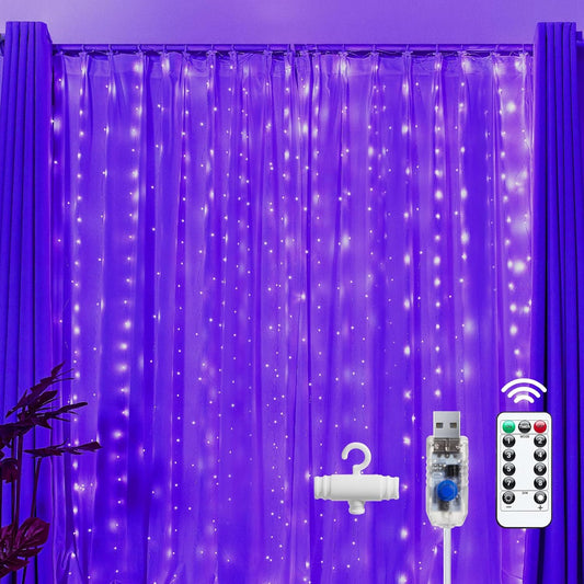 300 LED Purple 9.8ft x 9.8ft Fairy Curtain Lights for Bedroom Christmas Decoration, USB Powered