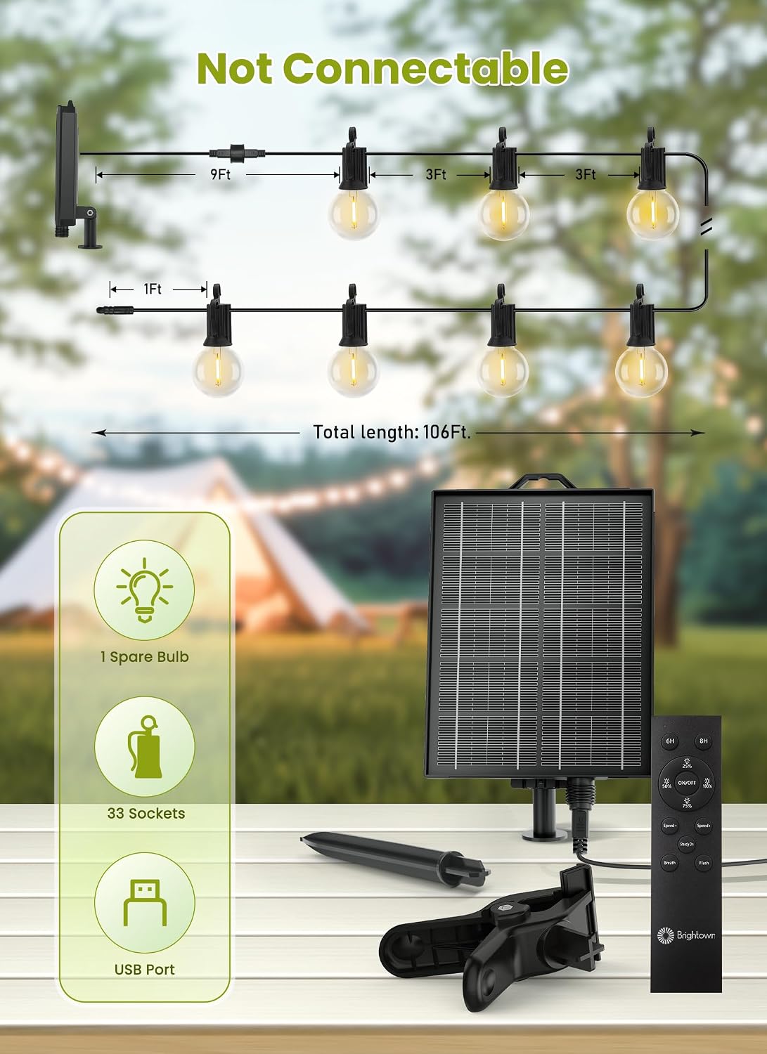 106FT Solar Powered G40 33 LED Bulbs String Lights for Patio Garden Cafe Wedding Deck