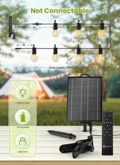 106FT Solar Powered G40 33 LED Bulbs String Lights for Patio Garden Cafe Wedding Deck
