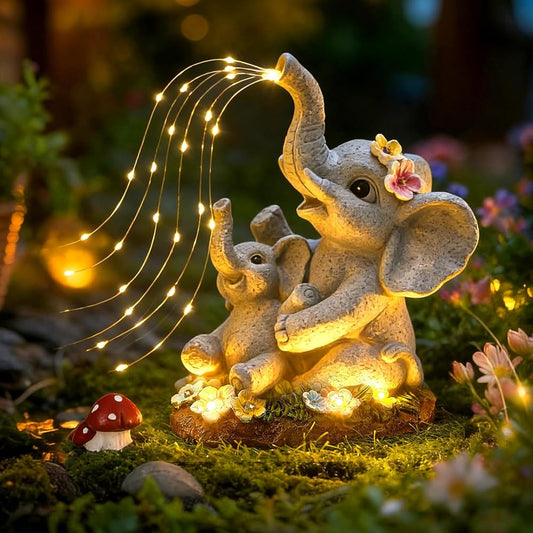 Solar Powered Elephant Statue with DIY LED & 5 Succulent LED Lights for Garden Backyard Decor