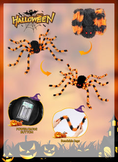 4.9 ft 38 LED Battery Oprated Light Up Black Hairy Giant Spider Halloween Decorations, Orange