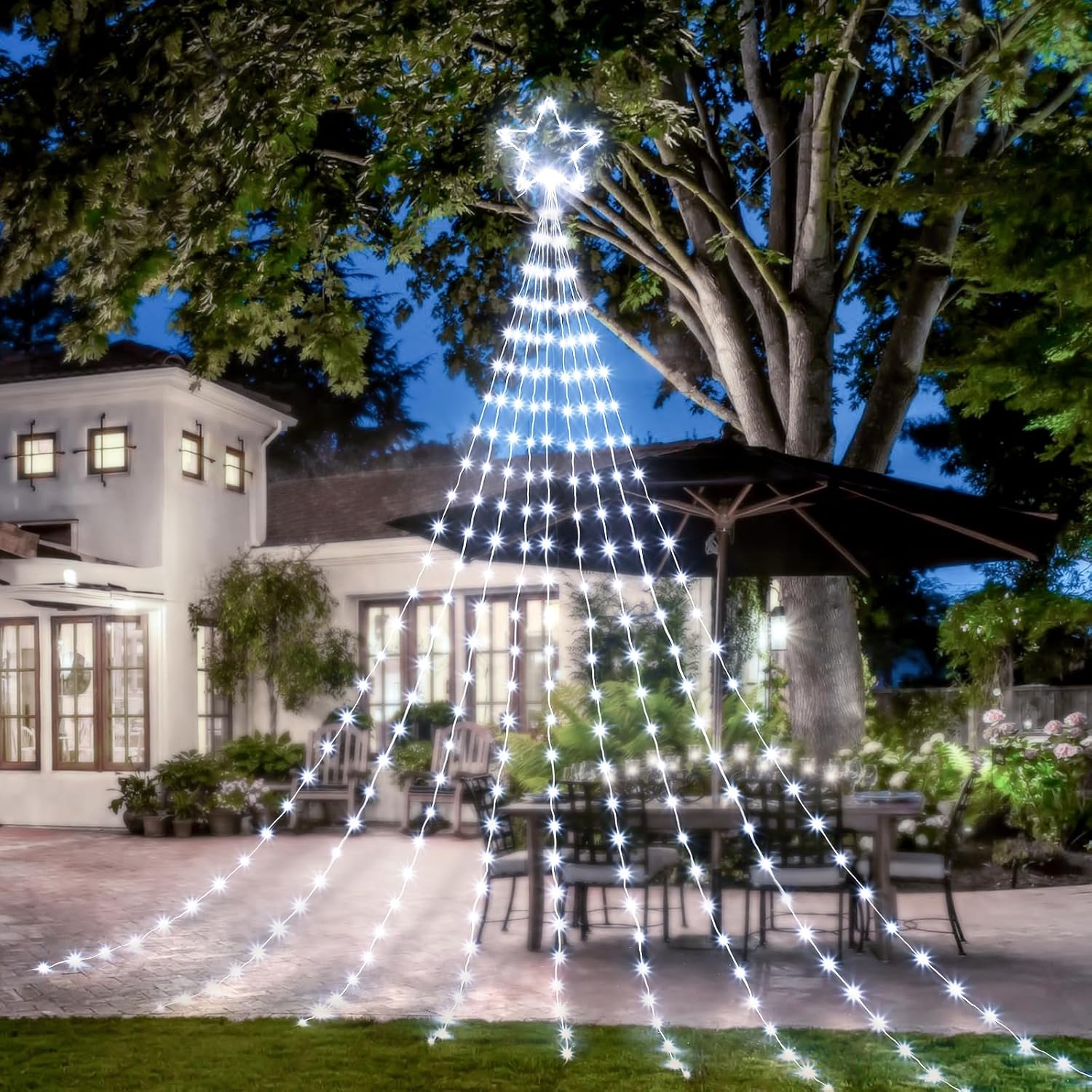 344 LED Waterfall Christmas Tree Lights with 11" Topper Iron Star, Pure White