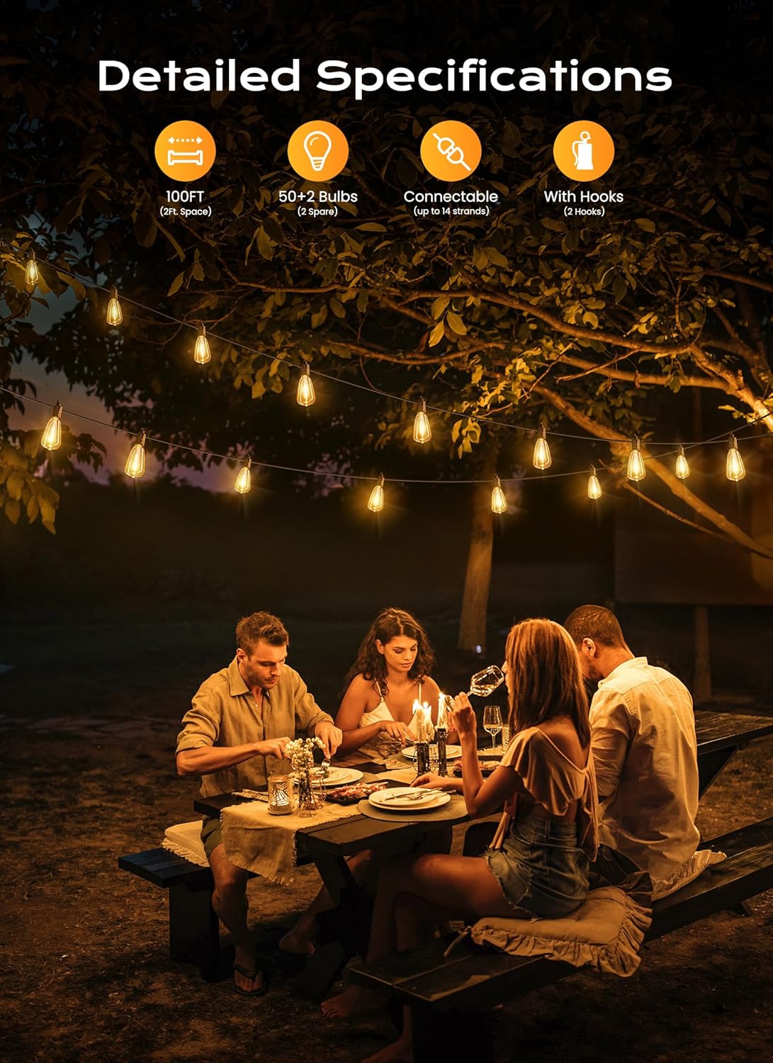 100FT Plug in 50+2 LED ST38 LED Outdoor Patio Lights for Porch Patio Christmas Party Decor