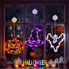 3 Pack Battery Operated Halloween Windows Lights with Timer, Pumpkin, Ghost, Hat