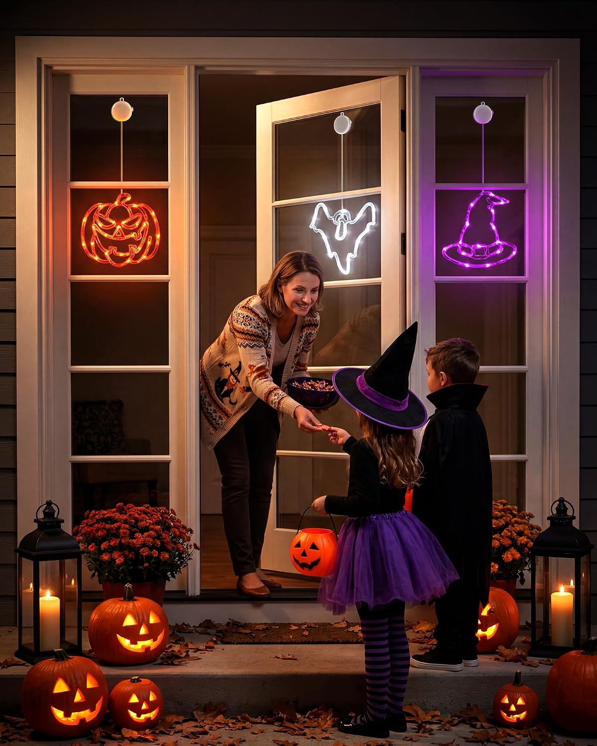 3 Pack Battery Operated Halloween Windows Lights with Timer, Pumpkin, Ghost, Hat
