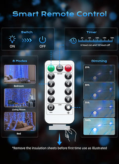 300 LED USB Powered Dimmable Window Curtain Lights with Remote, Blue