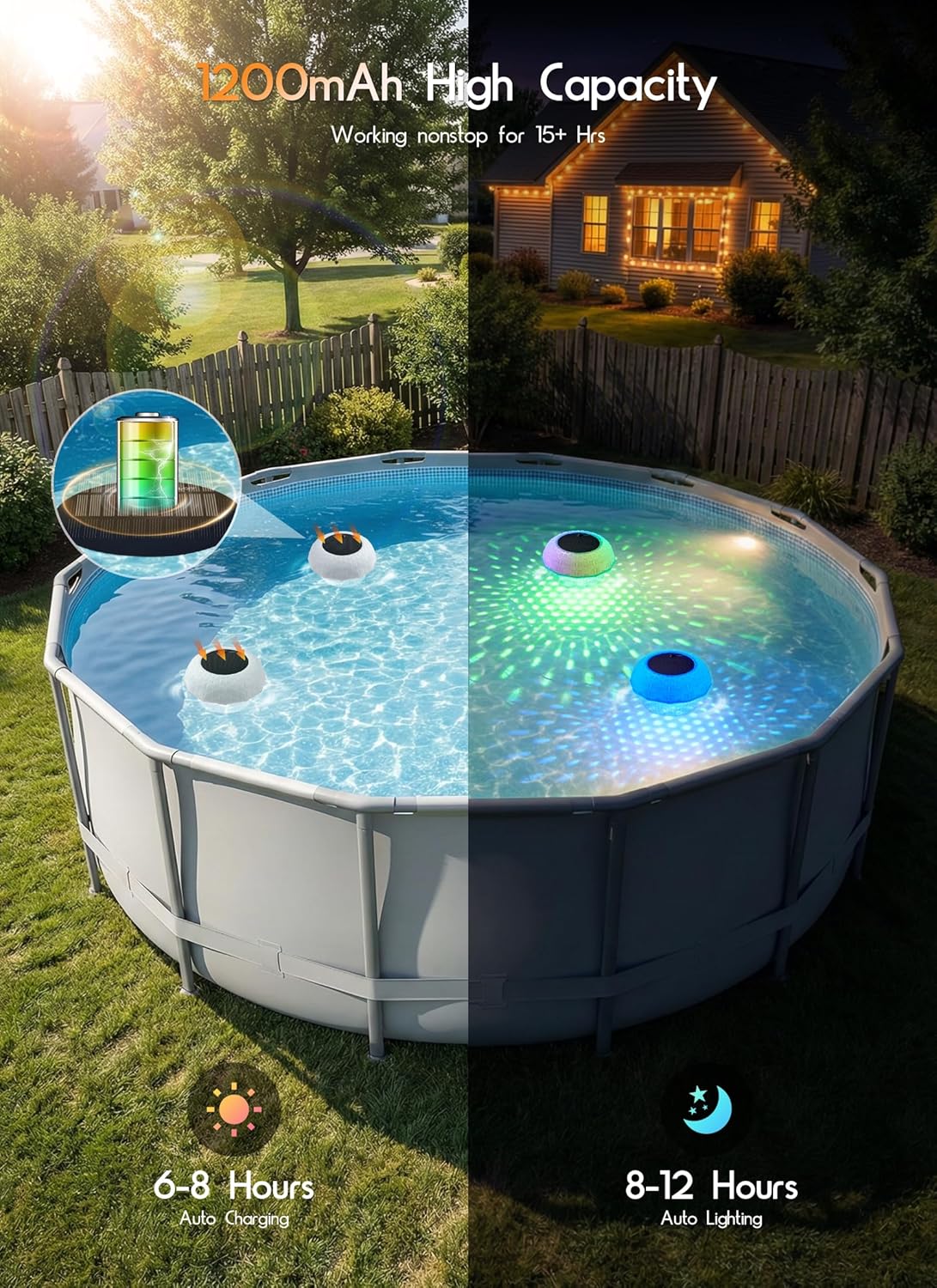 2Pack 2 in 1 Solar Powered RGBWW Floating Pool Lights with Chlorine Floater & Remote, 20+ Light Effects