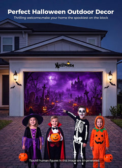 7x16ft Halloween Garage Cover for 2-Car Garage Door with Magnetic Hook and Ropes, Haunted Graveyard Castle