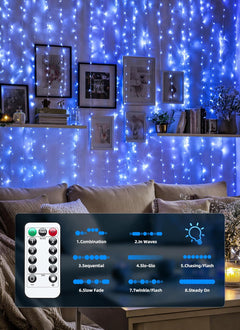 300 LED USB Powered Dimmable Window Curtain Lights with Remote, Blue