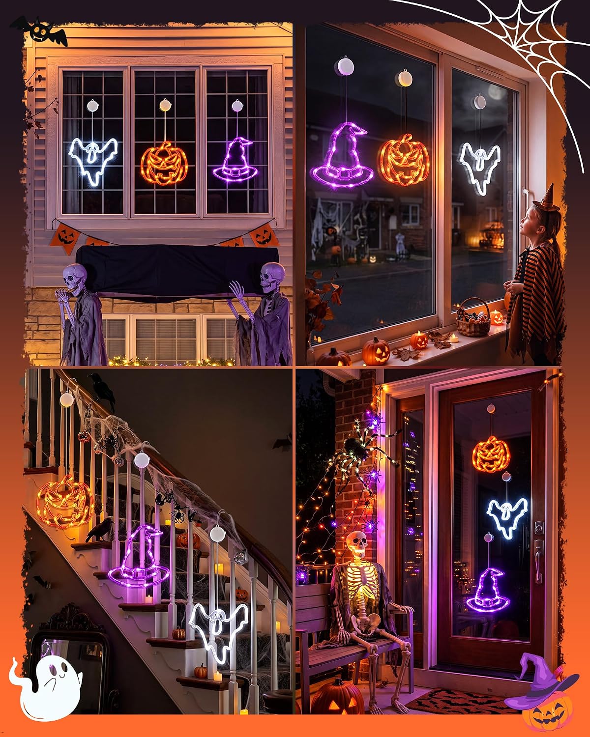 3 Pack Battery Operated Halloween Windows Lights with Timer, Pumpkin, Ghost, Hat