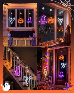 3 Pack Battery Operated Halloween Windows Lights with Timer, Pumpkin, Ghost, Hat