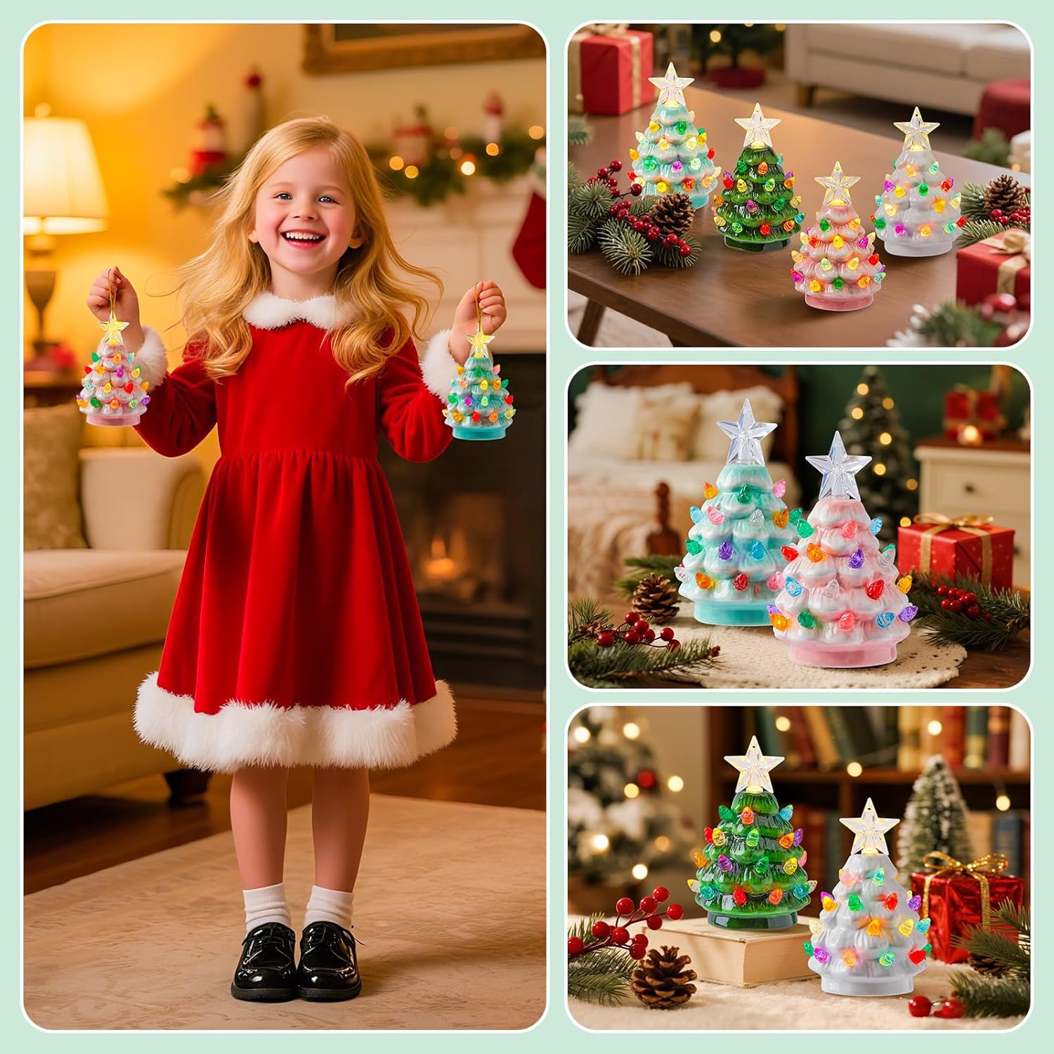 4 Pack Christmas 4.3 Inch Mini Ceramic Tree Night Light with Star Topper for Xmas Bedroom, 4 Colors
