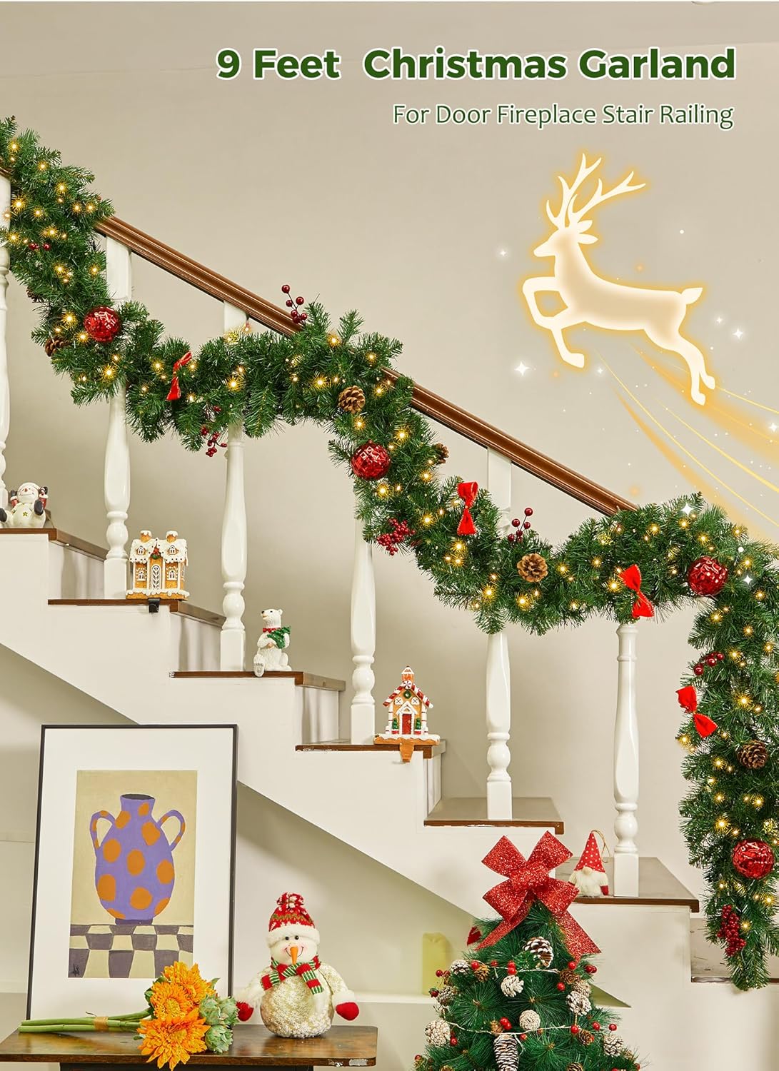 9FT Christmas Garland with Lights, Battery Operated, 100 LED White Lights, 8 Modes, Timer