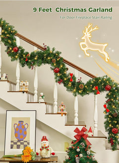 9FT Christmas Garland with Lights, Battery Operated, 100 LED White Lights, 8 Modes, Timer