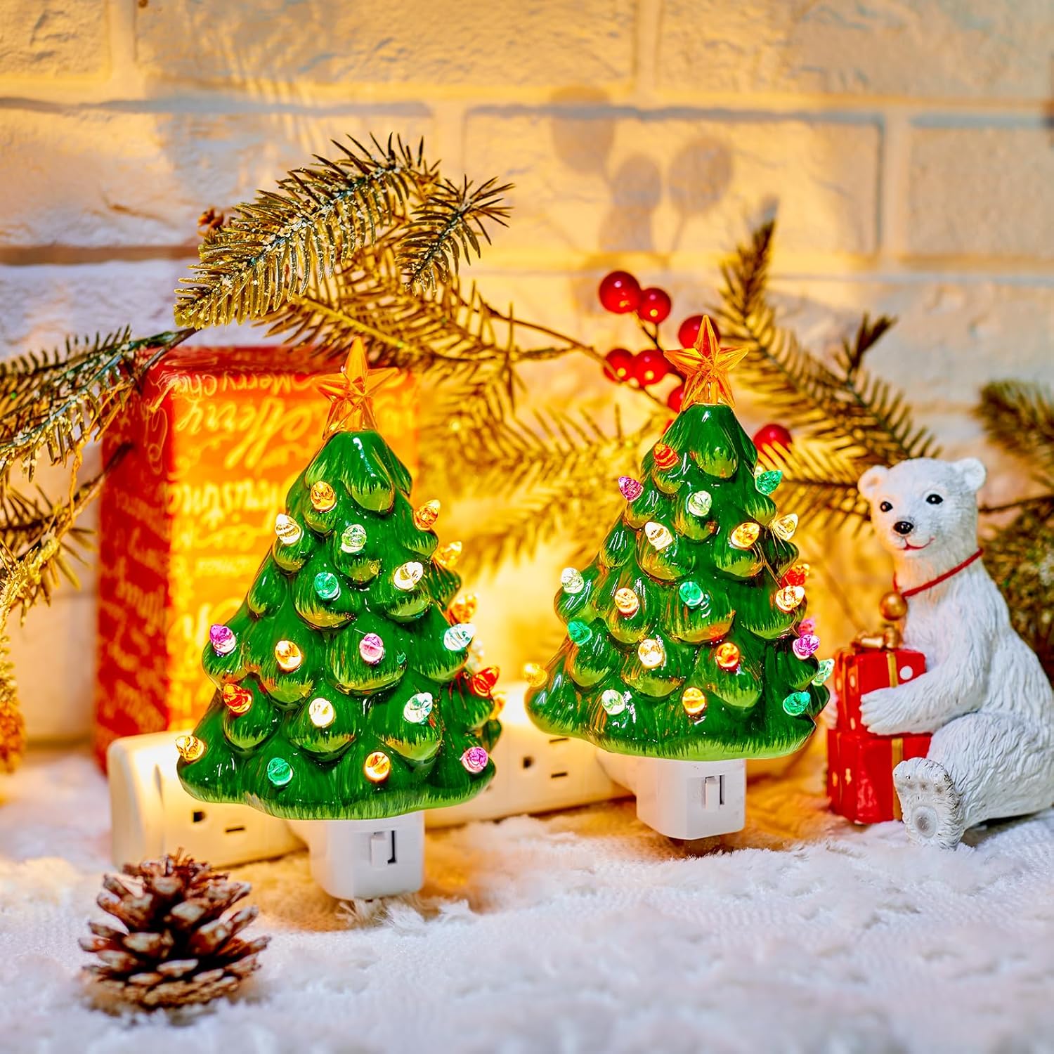 2 Pack Vintage Christmas 6" Ceramic Tree Night Light with Star Topper for Xmas Bedroom, Green
