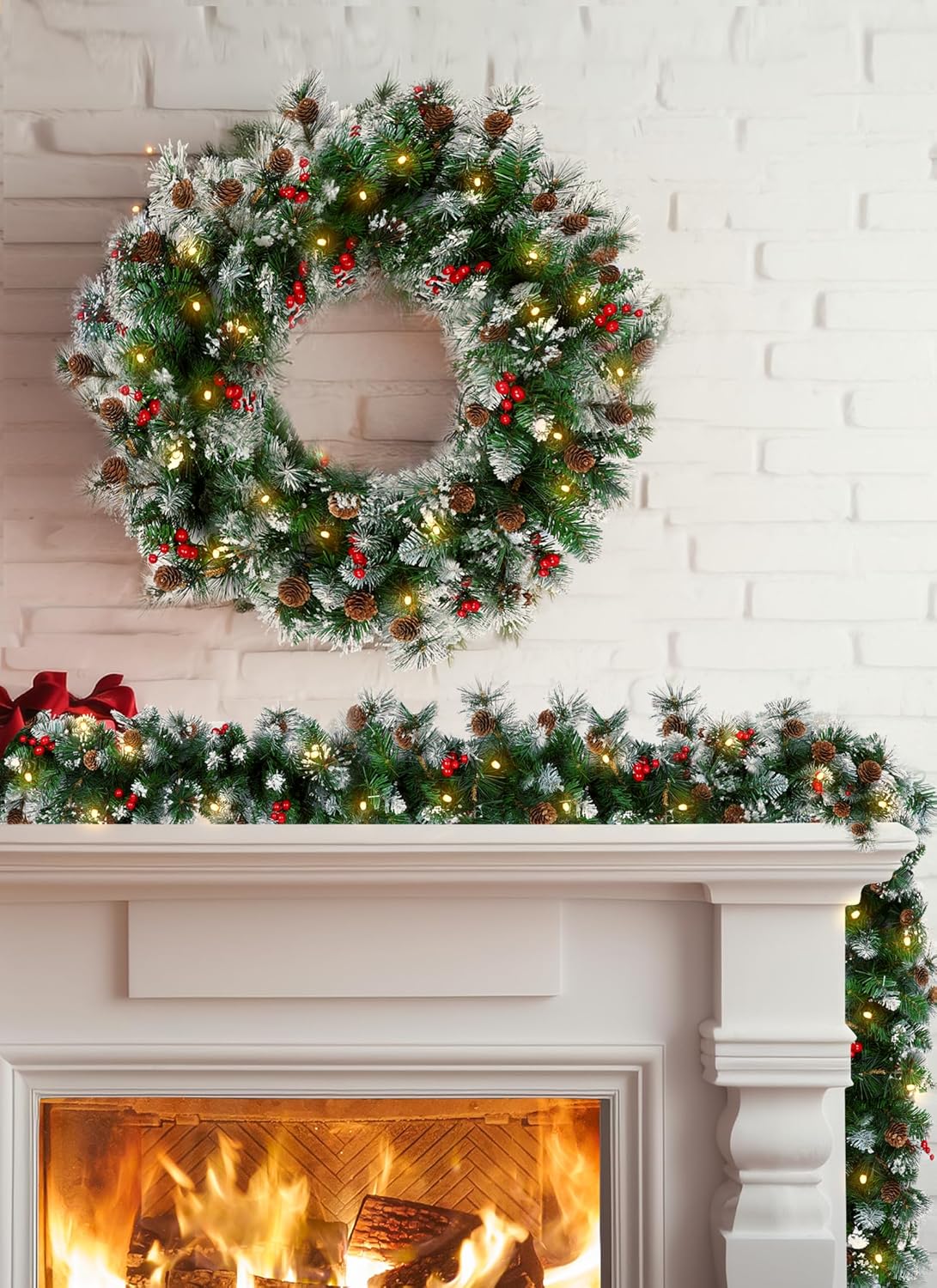 Christmas Garland with Lights, 9ft 100LED Battery Operated Garland Decorated with Pine Cones, Berry, 8 Light Modes & Timer