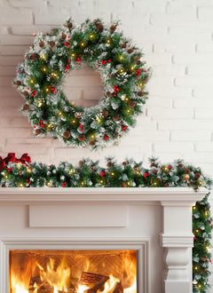 Christmas Garland with Lights, 9ft 100LED Battery Operated Garland Decorated with Pine Cones, Berry, 8 Light Modes & Timer