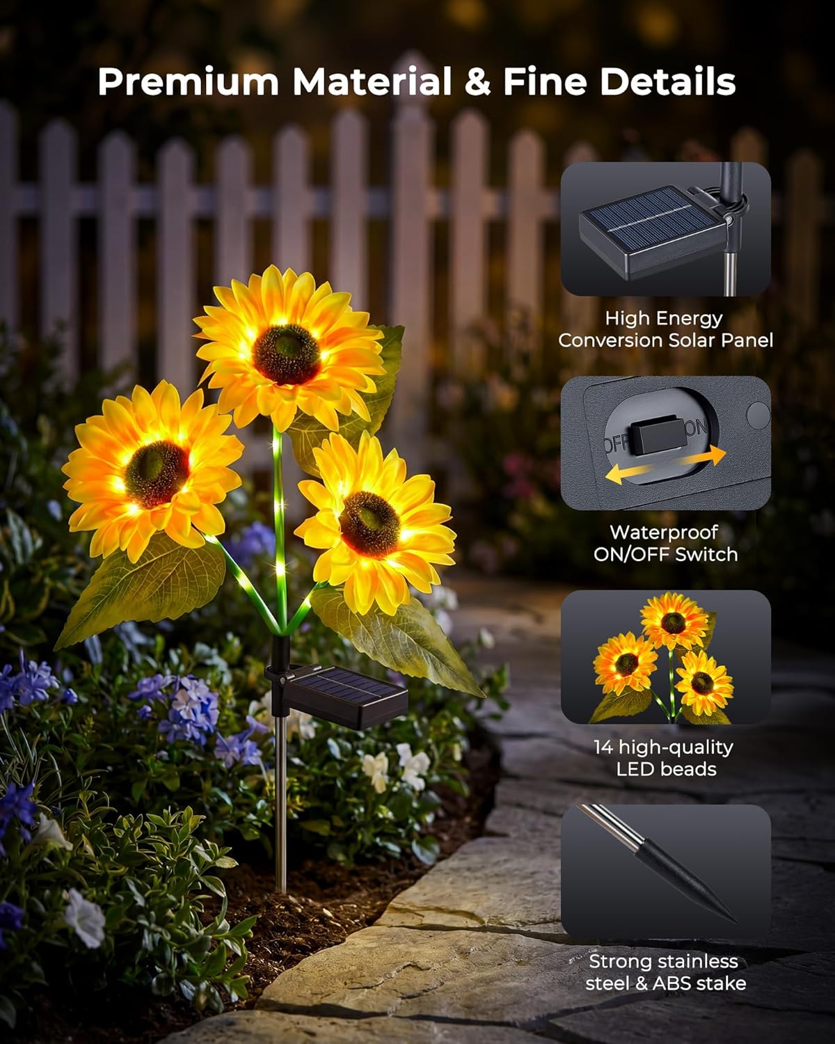 3 Pack (3pcs/pack) Solar Powered Sunflowers Stake Lights for Garden Yard Pathway