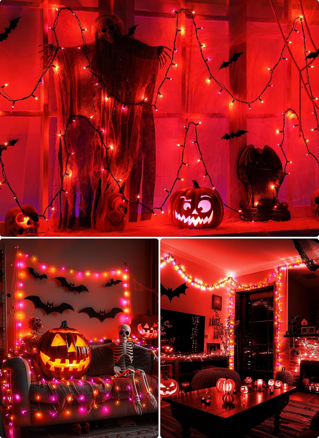 2Pack 10Ft 50 LED Plug in Mini Bulbs String Light for Halloween Haunted House Party, Orange & Purple