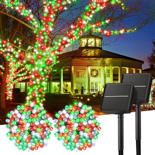 2 Pack Total 80FT 200 LED Solar Lights with 8 Modes for Christmas Decoration, Red Green & White