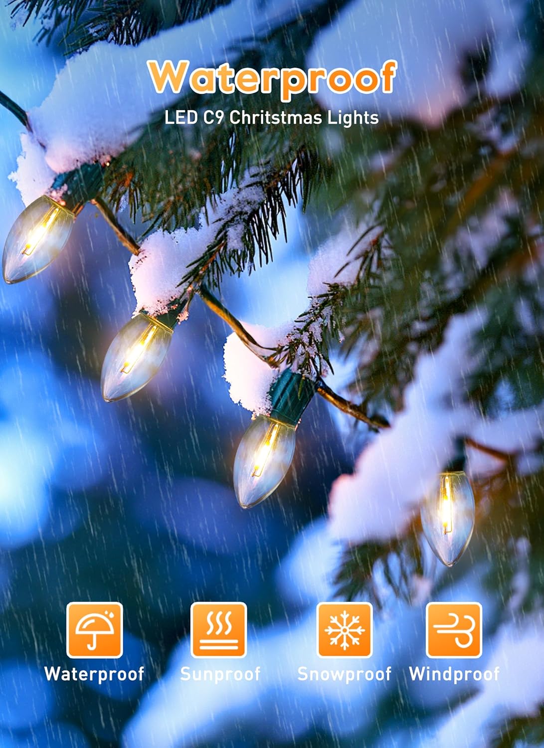 100 Feet C9 String Lights with 50 Shatterproof C9 Bulbs, Waterproof Connectable Christmas Tree Lights for Outside Patio Xmas Decorations (Warm White)