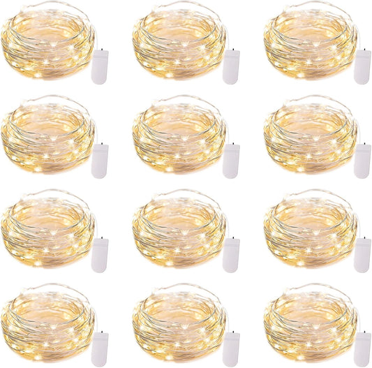 12 Pack 7FT 20 LED Battery Operated Silver Wire Firefly Starry Moon Lights for DIY Crafts, Warm White