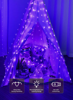 300 LED Purple 9.8ft x 9.8ft Fairy Curtain Lights for Bedroom Christmas Decoration, USB Powered