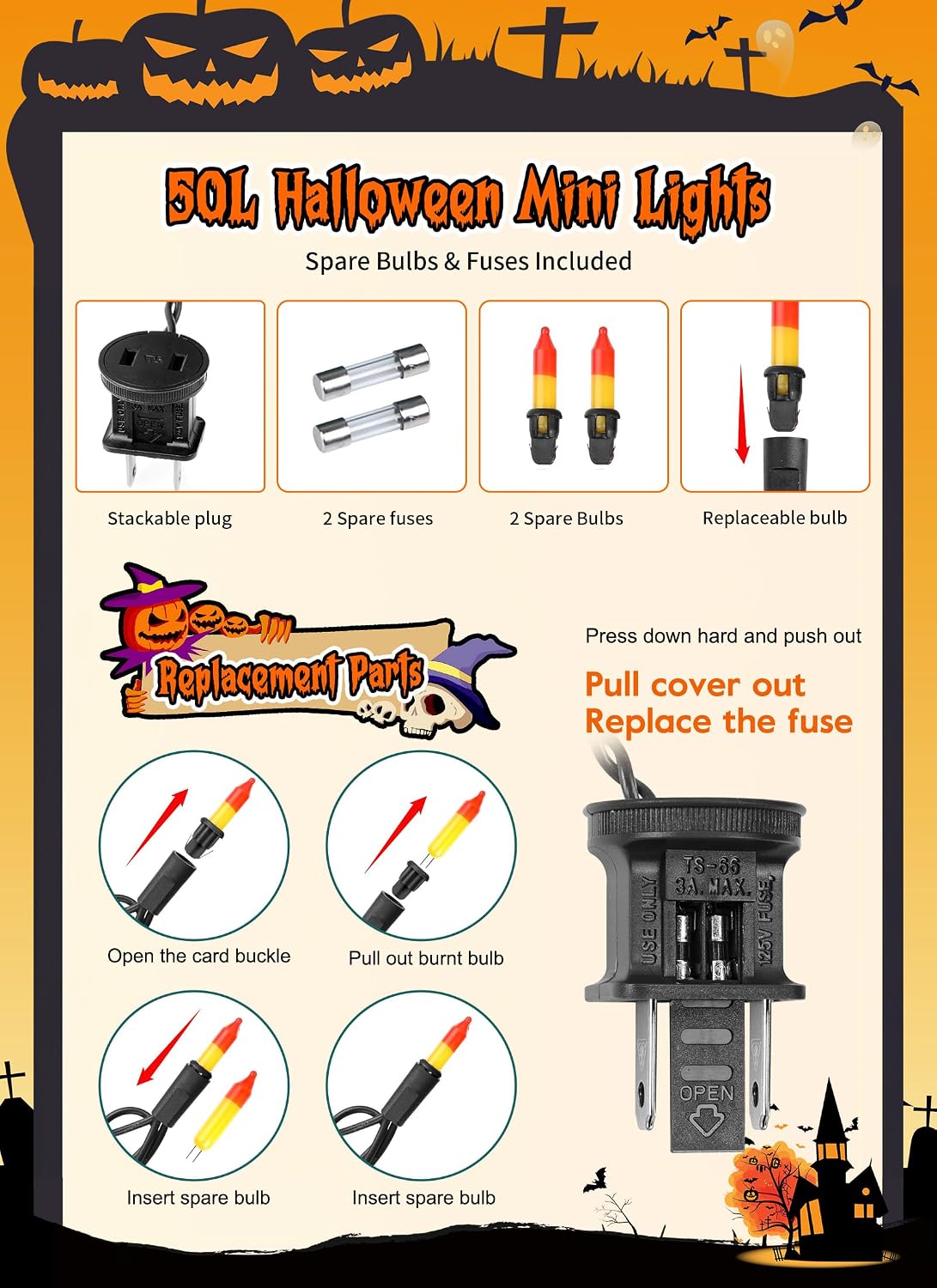 10Ft 50 LED Plug in Mini Bulbs String Light for Halloween Haunted House Party, Orange