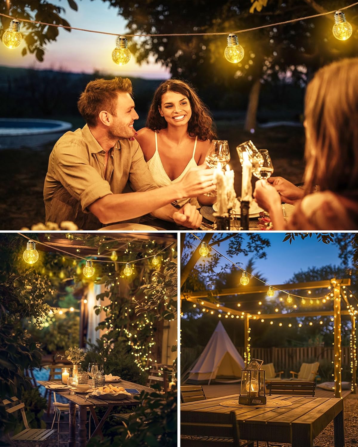 30Ft Solar Powered Vintage Hemp Rope Lights with 15 Shatterproof Bulbs for Patio, Warm White
