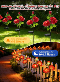 4 Pack Realistic Red Rose Flowers Solar Garden Pathway Lights for Yard & Patio Decorations