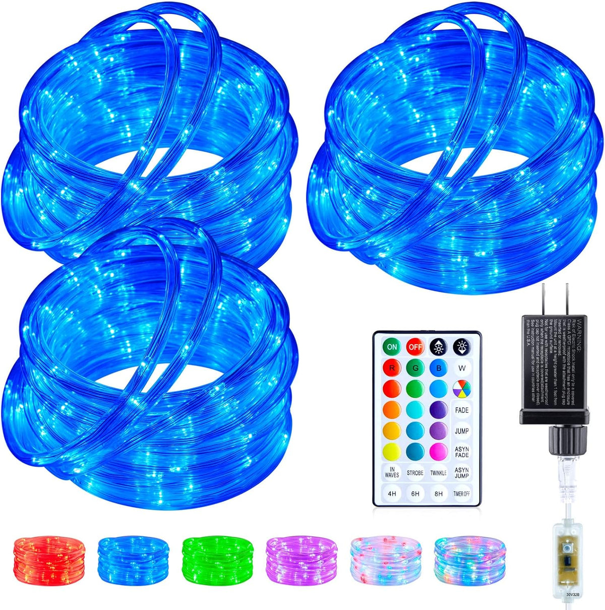 99ft Plug in 300 LED 18 Colors Changing Outdoor String Rope Lights with Remote for Xmas