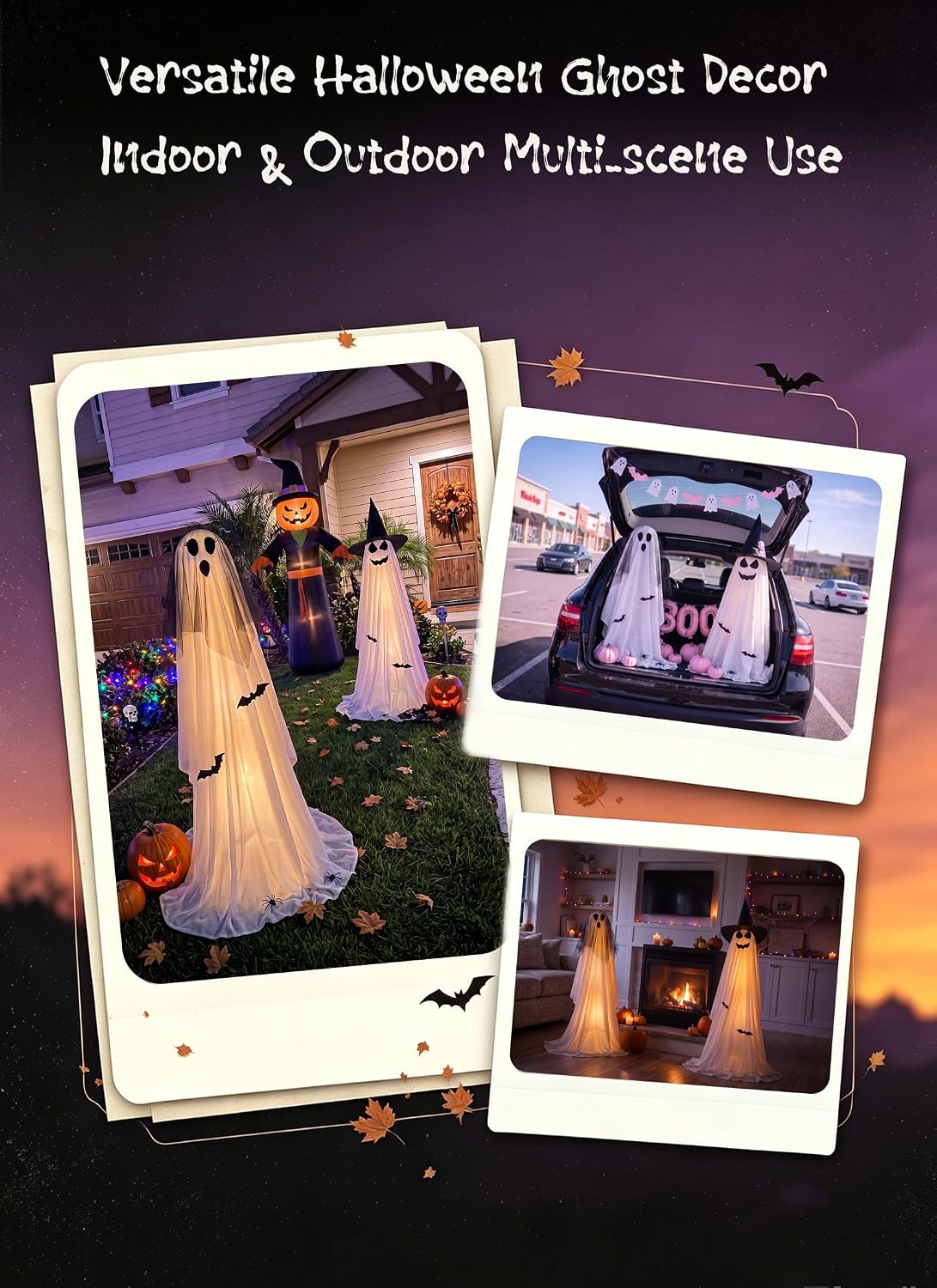 2 Pack Battery Operated Light Up Halloween Veil & Witch Hat Ghosts Decorations Outdoor