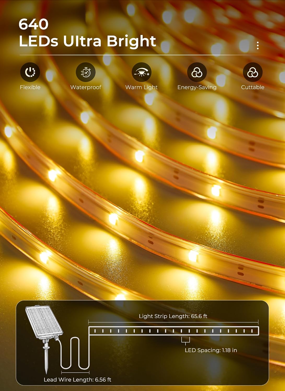 66Ft 640 LED Solar Powered String Lights Outdoor for Garden Yard Patio Party Decor, Warm White
