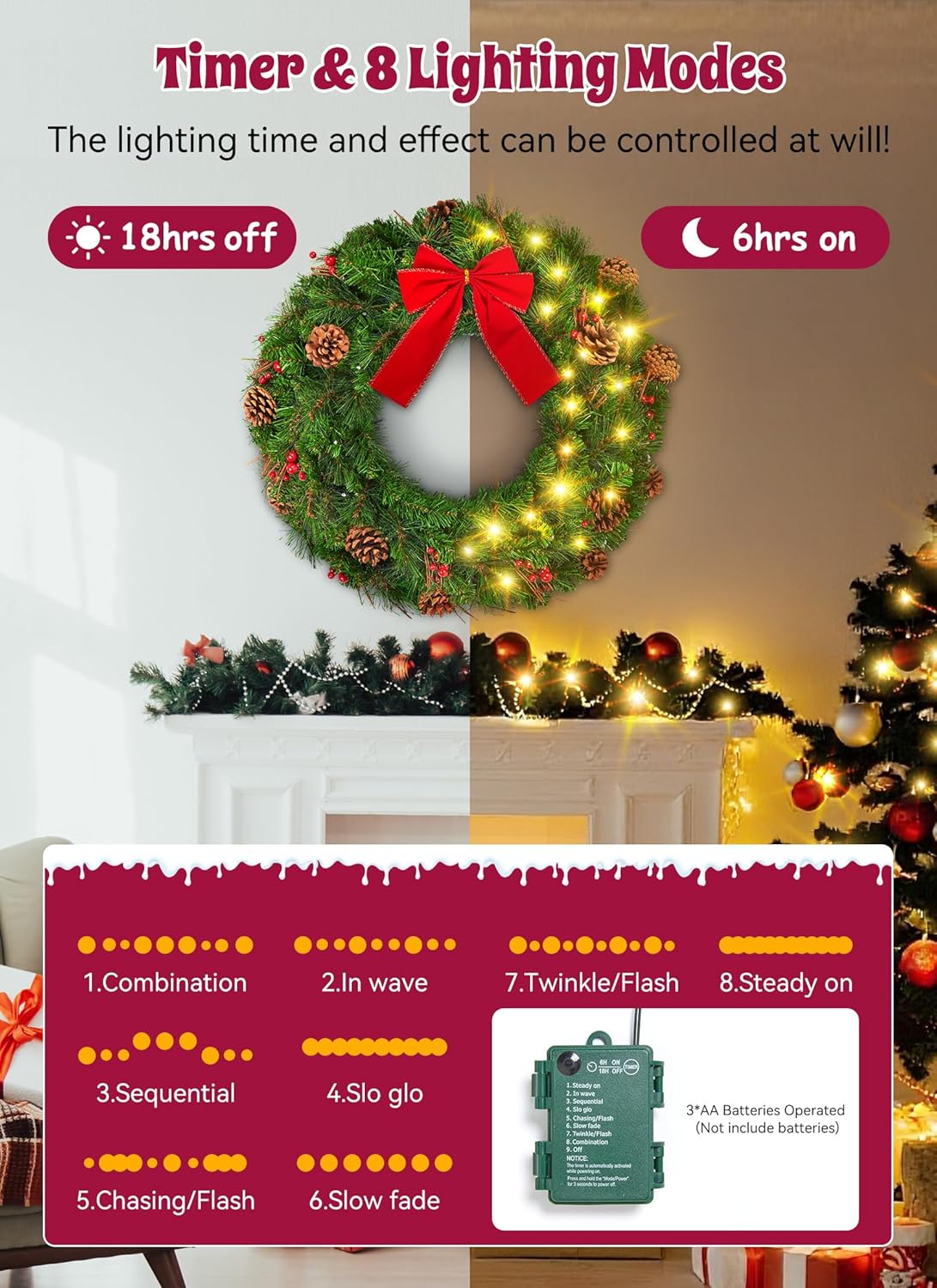 Brightown 24 Inch Pre-Lit Christmas Wreaths for Front Door, IP44 Battery Operated 50 LED Christmas Wreath, Decor with Pinecones Pine Needles Branches Red Berry Mini Bow for Front Door Wall Window
