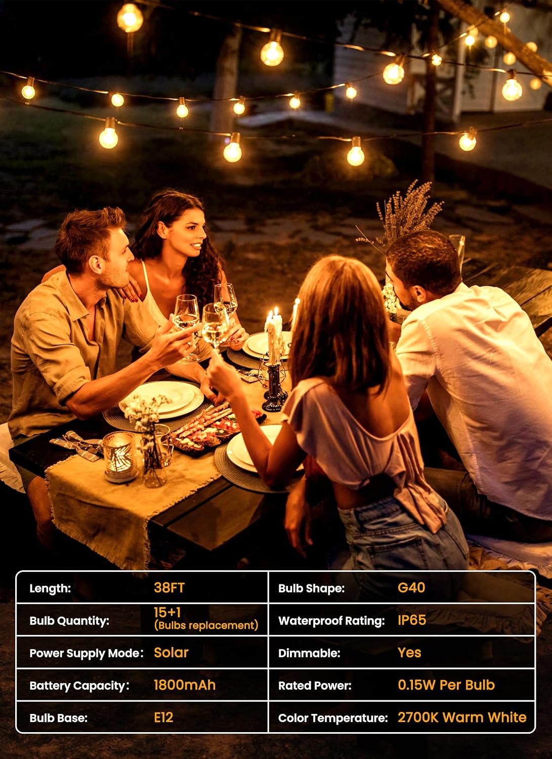 38FT Solar Powered G40 16 LED Bulbs String Lights for Patio Garden Cafe Wedding Deck