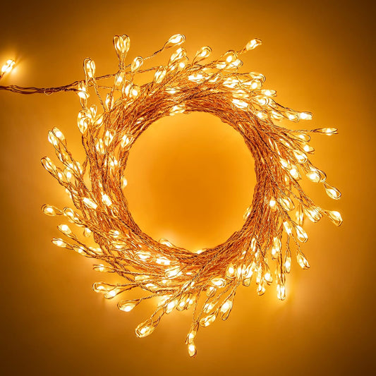10Ft 200LED Plug In Copper Wire Cluster Firecracker Firefly Lights, 8 Modes, Warm White