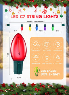 Multicolor C7 LED Christmas String Lights, 100FT with 104 Bulbs
