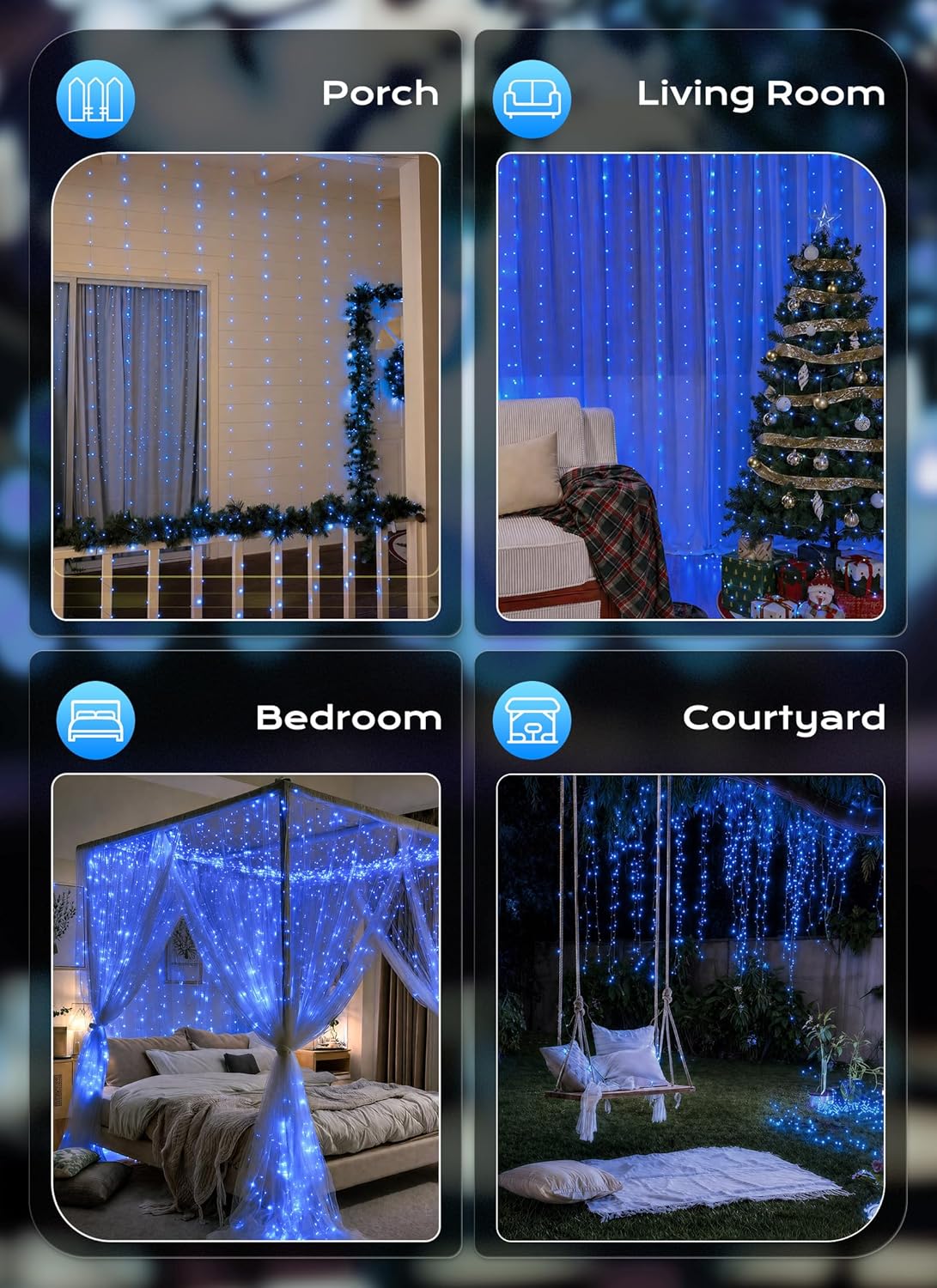 300 LED USB Powered Dimmable Window Curtain Lights with Remote, Blue