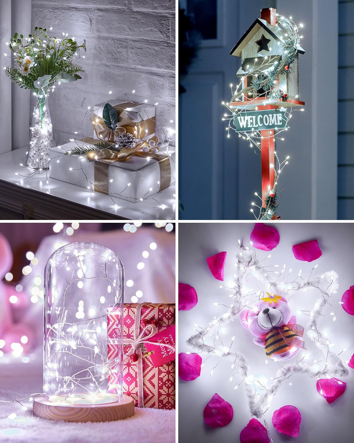Pure White 10ft 120 LED Battery Operated Silver Wire Firecracker Cluster Lights for Christmas Wedding DIY Decor