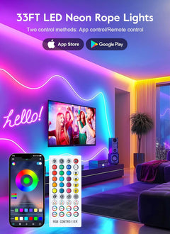 33Ft RGB LED Neon Rope Lights - App/Remote Control, IP68 Waterproof