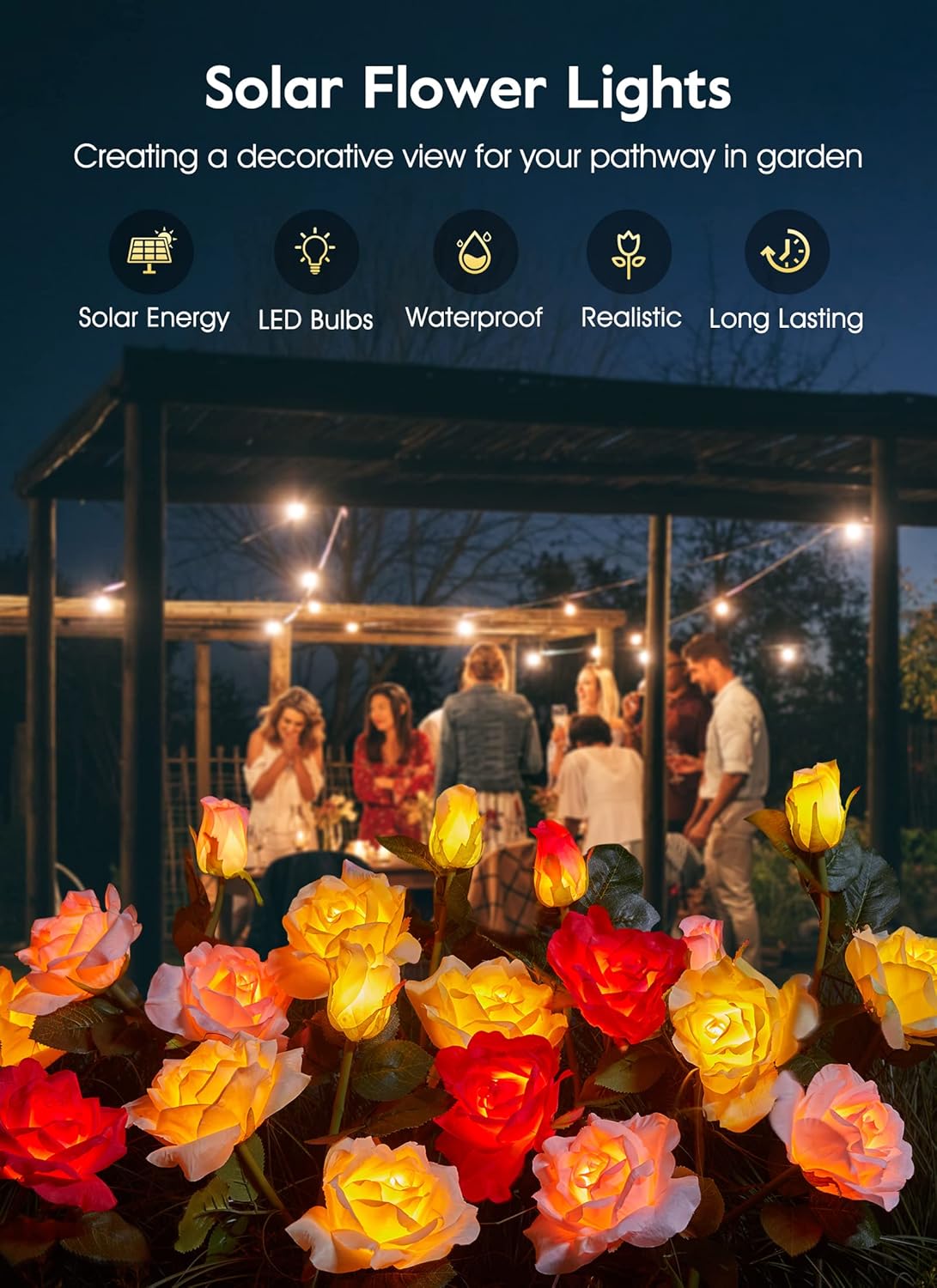 4 Pack Realistic Rose Flowers Solar Garden Pathway Lights for Yard & Patio Decorations, Waterproof