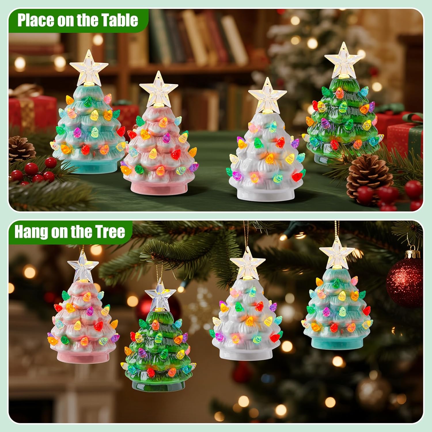 4 Pack Christmas 4.3 Inch Mini Ceramic Tree Night Light with Star Topper for Xmas Bedroom, 4 Colors