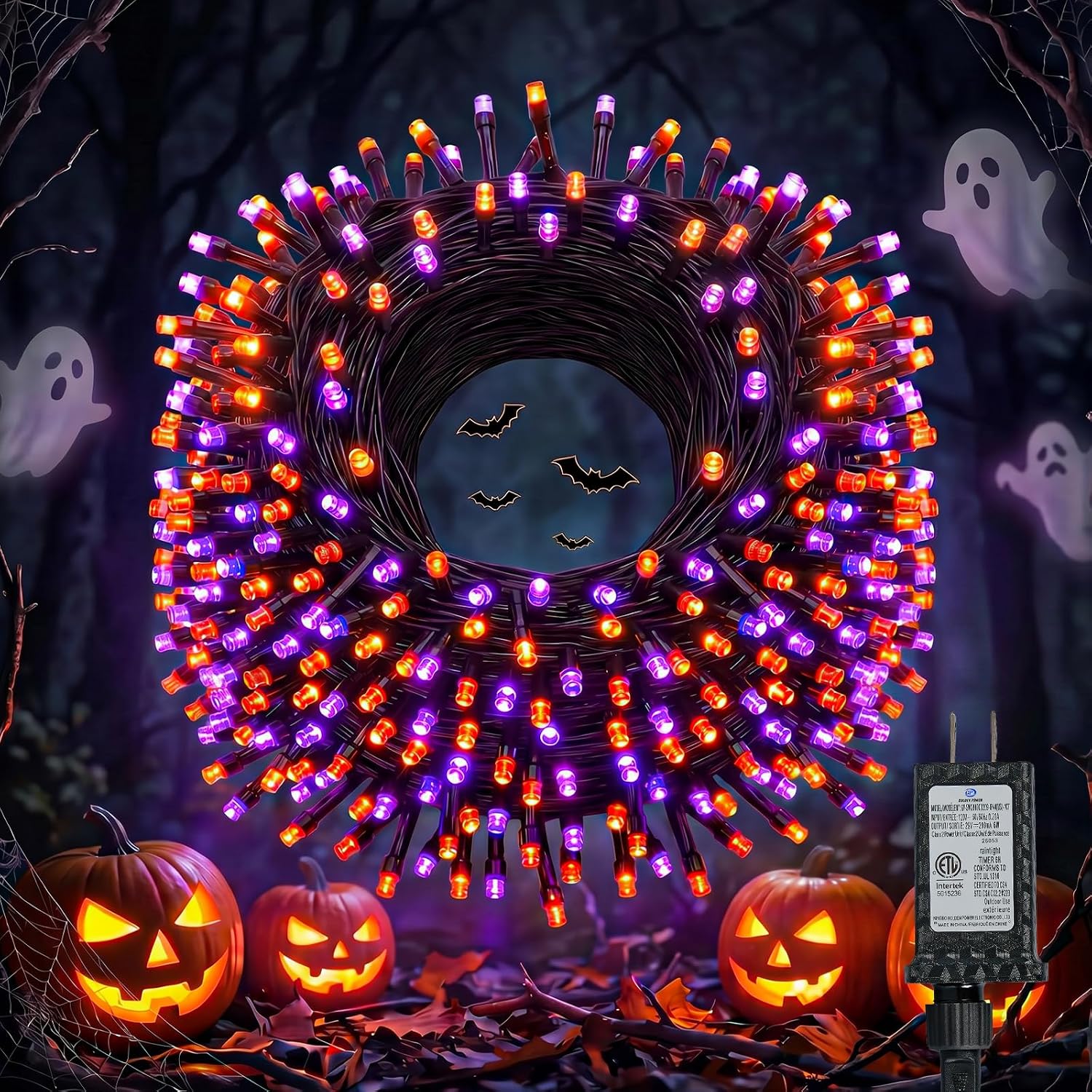 66FT 200LED Plug in Purple & Orange Halloween String Lights for Tree Patio, 8 Modes