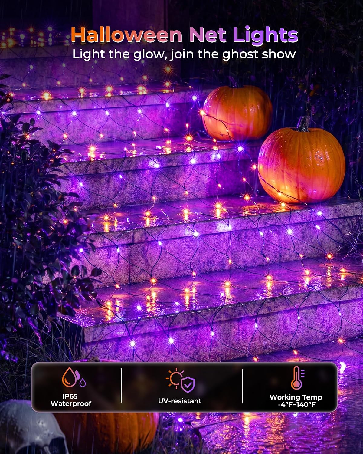 2 Pack 12×5FT 360 LED Halloween Net Lights Outdoor, 12 Light Modes & Timer, Orange & Purple