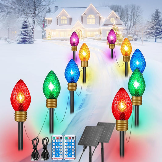 Solar Strawberry Jumbo Christmas Lights Outdoor - 2 Pack Total 44 FT 20 LED Jumbo C9 Christmas Pathway Lights with Timer, 8 Modes, Multicolor