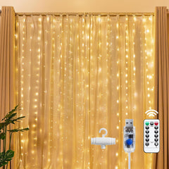 300 LED 9.8ft x 9.8ft Fairy Curtain Lights for Bedroom Christmas Decoration, USB Powered