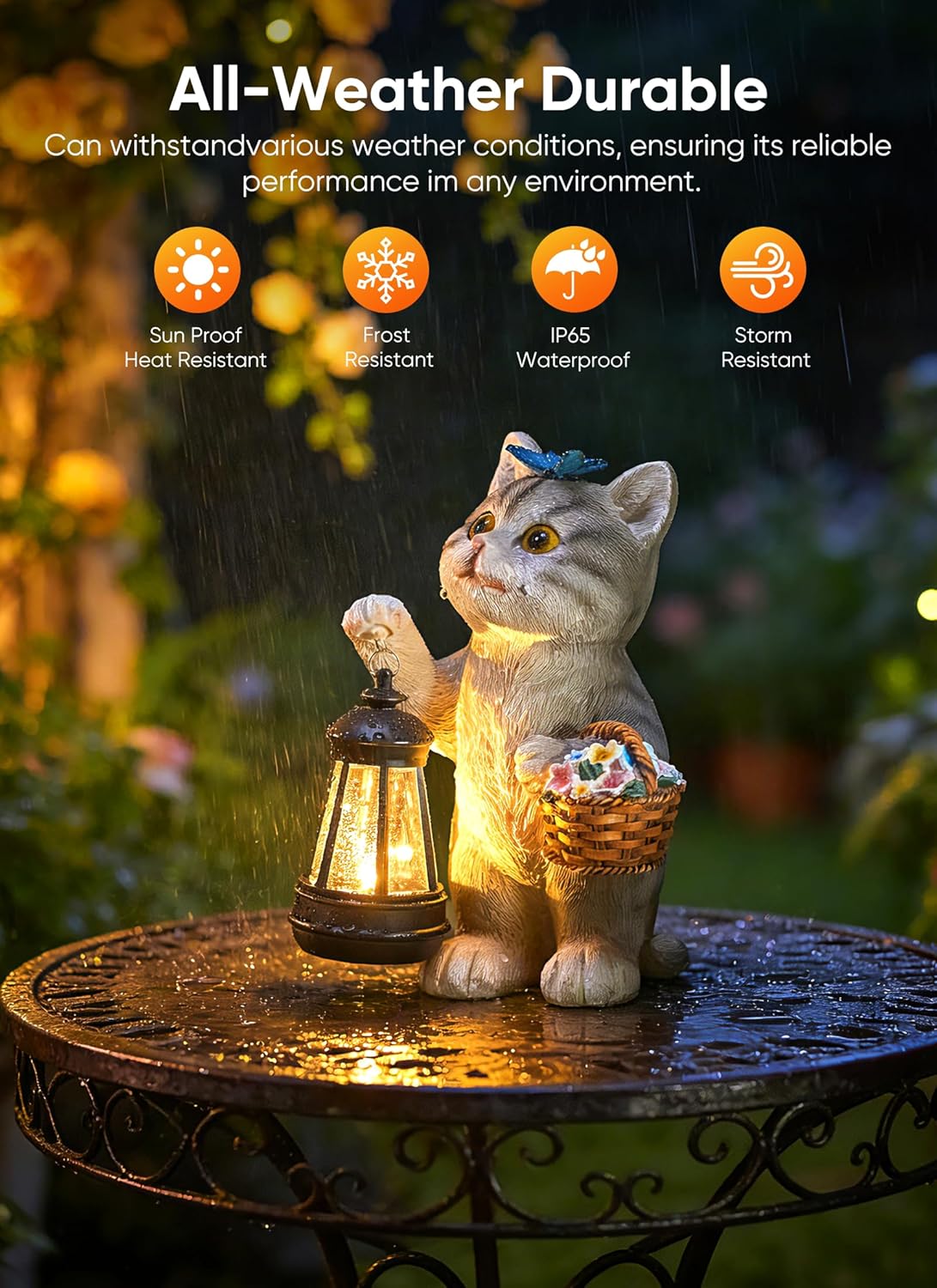 Solar Powered Cat Statue with Lantern Light & Flower Basket for Garden Backyard Decor